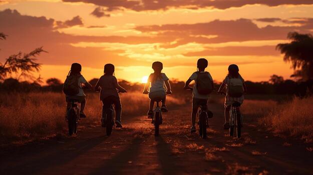 Silhouette Of Active Asian Kids Riding Bikes At Sunset Generative Ai Photo